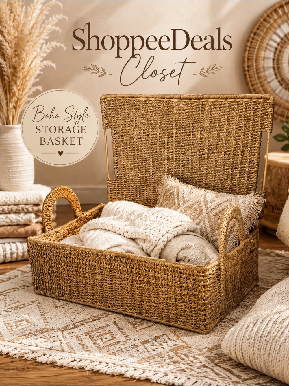 Woven Seagrass Storage Basket with Lid & Handles – Natural Boho Home Decor